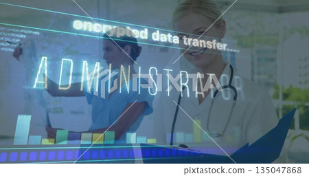 Doctor holding blue folder with stethoscope in clinic, nurse examining X-ray under digital overlay 135047868