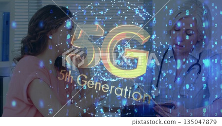 Reviewing patient data on tablet, physician with stethoscope consulting at clinic with 5G graphic Reviewing patient data on tablet, physician with stethoscope consulting at clinic with 5G graphic 135047879