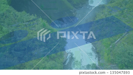 Hovering blue prism overlay mapping aerial forested canyon, showing winding river and grid overlays Hovering blue prism overlay mapping aerial forested canyon, showing winding river and grid overlays 135047893