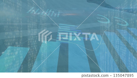 Showing dashboard UI with bar charts and white line graph, semicircular gauges and binary code Showing dashboard UI with bar charts and white line graph, semicircular gauges and binary code 135047895