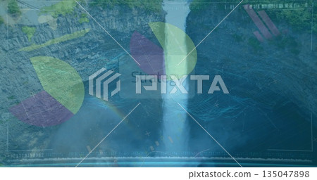 Cascading waterfall plunging over rock cliff in canyon, with rainbow and digital strategy overlays Cascading waterfall plunging over rock cliff in canyon, with rainbow and digital strategy overlays 135047898