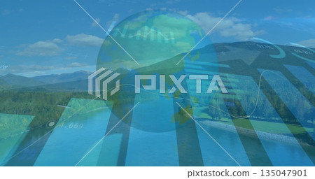 Merging digital globe overlaying lakeside with bar and line charts, numeric readouts, infographics Merging digital globe overlaying lakeside with bar and line charts, numeric readouts, infographics 135047901