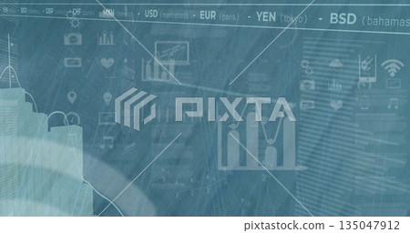 Showing bar chart with rising line graph on UI overlay over blurred skyline with currency tickers 135047912