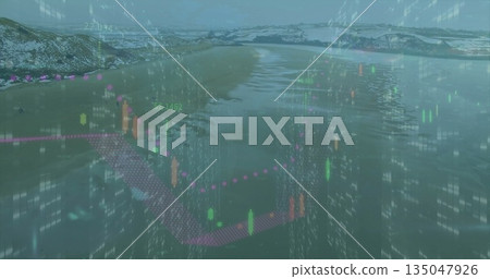Displaying candlestick bars with dotted trend lines and cascading numeric data streams at lakeside 135047926
