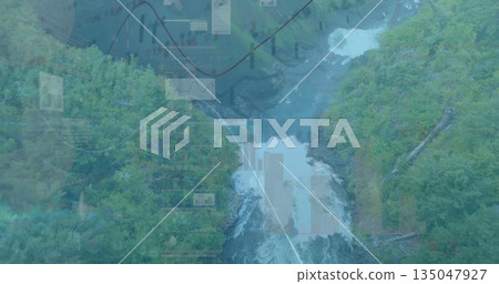 Flowing central river gorge cutting through steep mountain forest, with data overlays 135047927