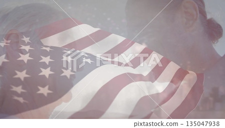 Sharing conversation between mother and son in chapel, with American flag graphic and cross shapes Sharing conversation between mother and son in chapel, with American flag graphic and cross shapes 135047938