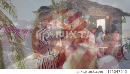 Sundress woman and polo-shirt man toasting wine glass, beer bottle in beach tiki bar with bicycle Sundress woman and polo-shirt man toasting wine glass, beer bottle in beach tiki bar with bicycle 135047943