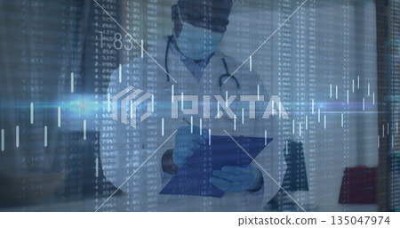 Writing doctor wearing mask gloves labcoat with stethoscope hospital, clipboard pen floating charts Writing doctor wearing mask gloves labcoat with stethoscope hospital, clipboard pen floating charts 135047974