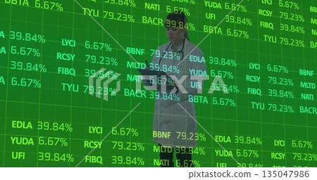 Typing female scientist wearing lab coat analyzing data in tech lab, with laptop, holographic grid Typing female scientist wearing lab coat analyzing data in tech lab, with laptop, holographic grid 135047986