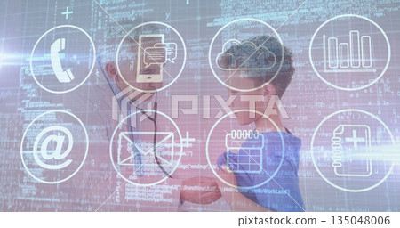 Exploring boy holding stethoscope against senior man in white coat in UI with icons and code 135048006