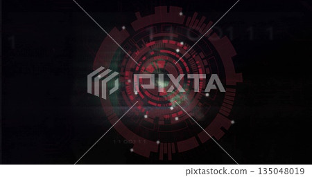 Displaying circular digital interface rotating in HUD, with rings glowing nodes and binary code 135048019