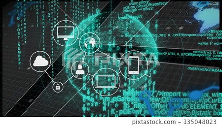 Floating digital globe and connected icons appearing in network interface, with cascading binary 135048023
