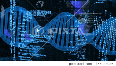 Floating 3D blue DNA helix winding across dark digital grid plane, with programming code fragments 135048026
