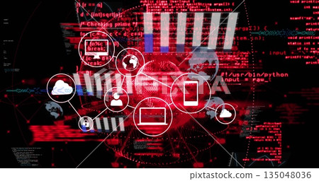 Linking cloud user globe padlock laptop or smartphone icons on digital interface, charts and graphs 135048036