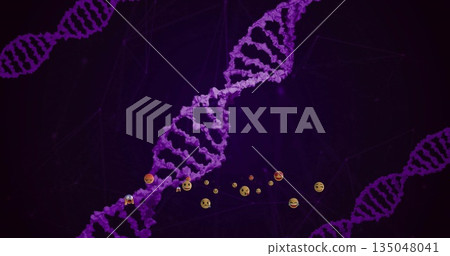 Twisting purple DNA double helix spiraling over dark purple backdrop, with floating emoji icons 135048041