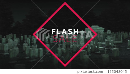 Presenting pink diamond showing FLASH SALE in night cemetery, with tombstones mausoleum and trees Presenting pink diamond showing FLASH SALE in night cemetery, with tombstones mausoleum and trees 135048045