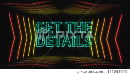 Glowing teal neon text sign mirroring in digital corridor, with red orange yellow neon arrow shapes Glowing teal neon text sign mirroring in digital corridor, with red orange yellow neon arrow shapes 135048053