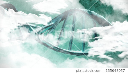 Floating metallic DNA double helix drifting amid white clouds in teal sky, science theme Floating metallic DNA double helix drifting amid white clouds in teal sky, science theme 135048057