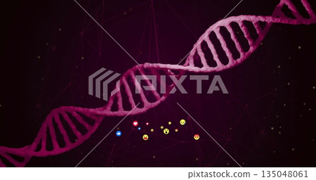Twisting magenta DNA helix spiraling across dark backdrop, highlighting social media reaction icons 135048061