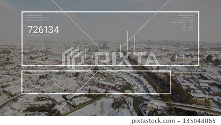 Displaying aerial view showcasing snow-covered houses and roads with leafless trees, data overlays Displaying aerial view showcasing snow-covered houses and roads with leafless trees, data overlays 135048065