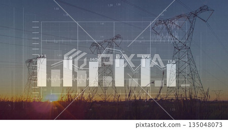 Lattice transmission towers rising in country grassland, with translucent bar chart and line graph 135048073