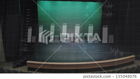 Displaying projected bar chart on projection screen, with wooden stage front and empty chairs Displaying projected bar chart on projection screen, with wooden stage front and empty chairs 135048076