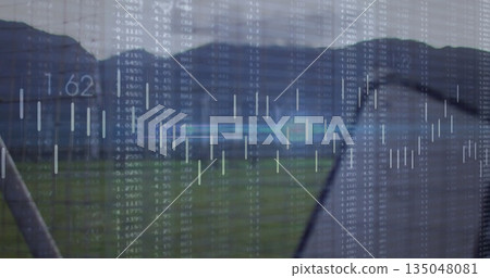 Swinging golfer with cap and golf club on mountain fairway amid candlestick bars, copy space Swinging golfer with cap and golf club on mountain fairway amid candlestick bars, copy space 135048081