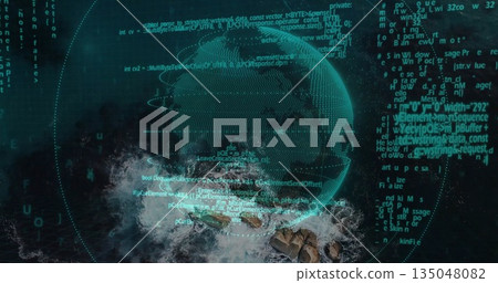Hovering wireframe globe floating over rocky coastline, with code streams and grid overlays Hovering wireframe globe floating over rocky coastline, with code streams and grid overlays 135048082