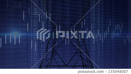 Tower silhouette standing in blue digital scene with data columns, candlestick bars and light flare 135048087