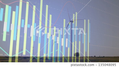 Featuring wind turbine rising over wind farm, with pastel chart overlay and red line, copy space 135048095