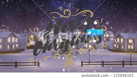 Stylized Merry Christmas text and like icon shining over snowy Christmas village night, lit houses Stylized Merry Christmas text and like icon shining over snowy Christmas village night, lit houses 135048101