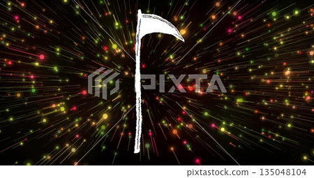 Glowing white stylized curved-blade symbol radiating multicolor rays on anthracite digital backdrop 135048104