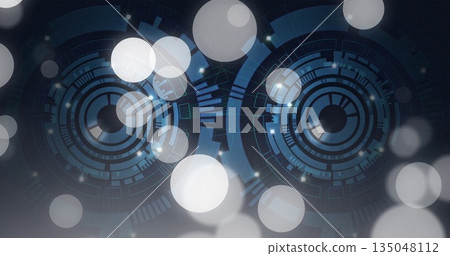 Rotating concentric HUD elements glowing in virtual high-tech space, with grid lines and bokeh orbs 135048112