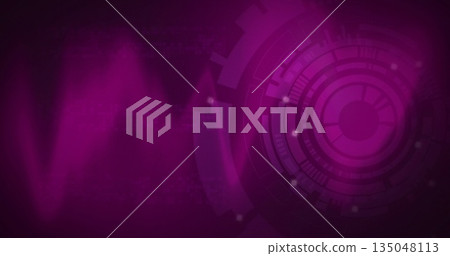 Pulsating concentric digital circle glowing in purple magenta virtual space, with waveform curves 135048113