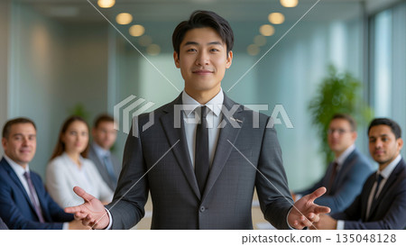 A professional portrait of a smiling East Asian male executive standing in the foreground with open arms, welcoming his team. A diverse group of business professionals sits at a conference table in a  135048128