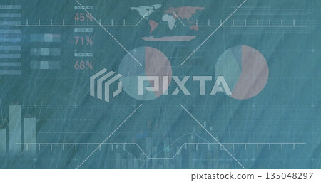 Displaying analytics dashboard on screen, with world map, two pie charts, bar chart, line graph Displaying analytics dashboard on screen, with world map, two pie charts, bar chart, line graph 135048297