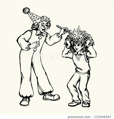 Vector drawing. Clown and small boy 135048367