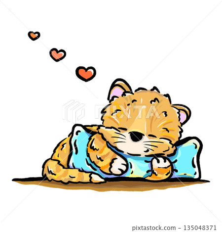 Cute cat hugging pillow and sleeping relaxing cartoon illustration 135048371