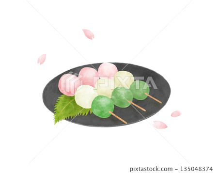 水彩插畫,描繪了黑色盤子上三色餃子和櫻花花瓣,展現了賞櫻、日式甜點和奢華的場景。 水彩插畫,描繪了黑色盤子上三色餃子和櫻花花瓣,展現了賞櫻、日式甜點和奢華的場景。 135048374