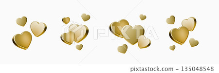 Set Golden 3D heart icon with luxurious metallic finish and glossy effect, perfect for romantic Valentines Day cards, wedding invitations, and love-themed designs. 135048548