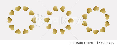 Set frame Realistic gold heart shape with shiny surface and elegant, ideal for Valentine's greeting cards, romantic posters, and February celebration graphics. Set frame Realistic gold heart shape with shiny surface and elegant, ideal for Valentine's greeting cards, romantic posters, and February celebration graphics. 135048549