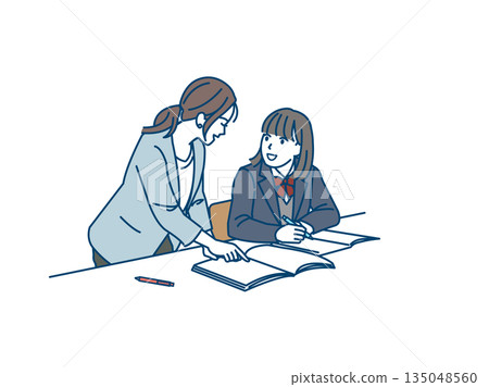 Illustration of a female student taking a class from a cram school teacher 135048560