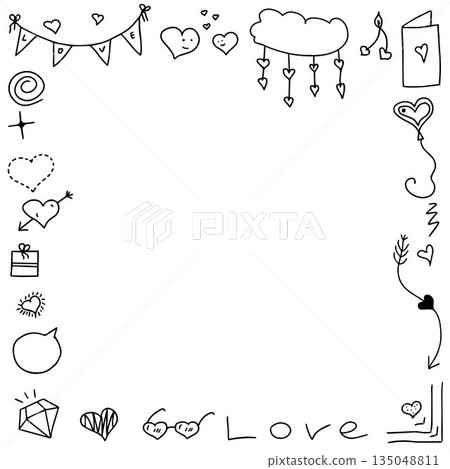 Hand-drawn romantic doodle frame with hearts and diamond around white copy space for Valentine greeting card Hand-drawn romantic doodle frame with hearts and diamond around white copy space for Valentine greeting card 135048811