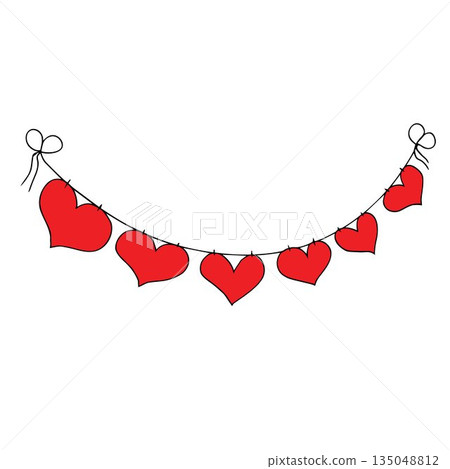 Red paper hearts hanging on string over white backdrop with copy space, Valentine day or wedding promotion Red paper hearts hanging on string over white backdrop with copy space, Valentine day or wedding promotion 135048812