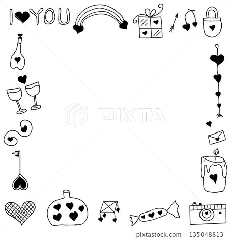 Hand-drawn romantic doodle frame with hearts and diamonds around white copy space for Valentine greeting card Hand-drawn romantic doodle frame with hearts and diamonds around white copy space for Valentine greeting card 135048813