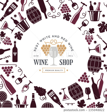 Wine tools. background with bottles grapes and different cups. vector stylized circle template Wine tools. background with bottles grapes and different cups. vector stylized circle template 135048822