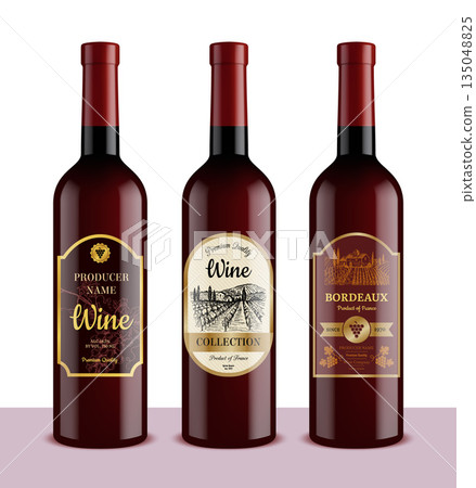 Wine bottles. red wine labels design presentation. realistic vector template 135048825