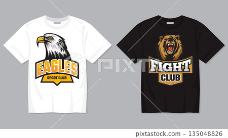 T shirt emblem. fight or sport club symbols aggressive bear and eagle T shirt emblem. fight or sport club symbols aggressive bear and eagle 135048826