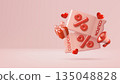 3d pink coupons icon with percentage sign and red hearts for Valentines Day sale and discount 135048828