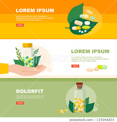 Pills and drugs. natural herbal pills for healthcare. vector cartoon banners 135048833